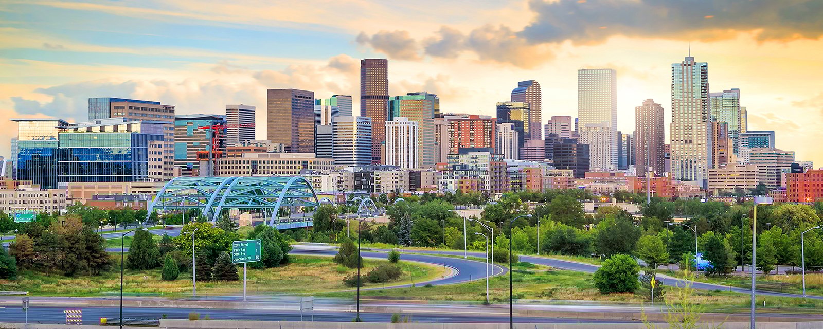 Panorama of Denver skyline long exposure at twilight.