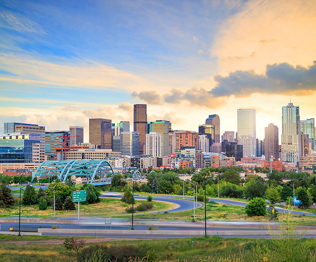 Panorama of Denver skyline long exposure at twilight.